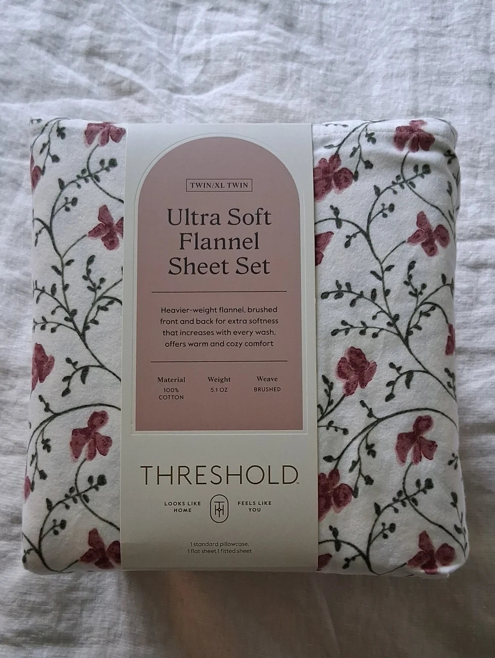 Threshold Flannel Sheet Set Twin Cotton White Pink Green Floral New